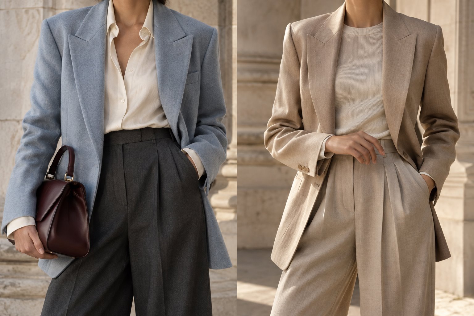 Blue and sand tailoring, ivory layers and a burgundy bag, photographed from the neck down