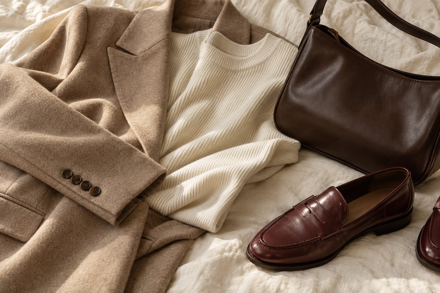 Sand tailoring, cream knitwear, a chocolate bag and burgundy loafers arranged on linen