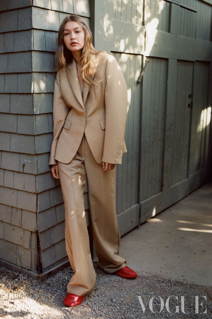 A closer look at the drape and texture of a neutral tailored outfit